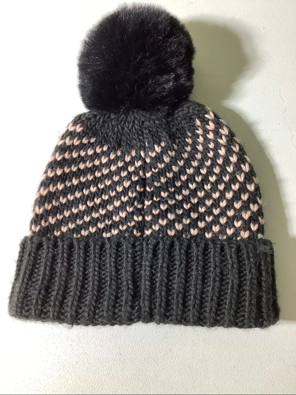 Nine West black beanie with pale pink heart accents
